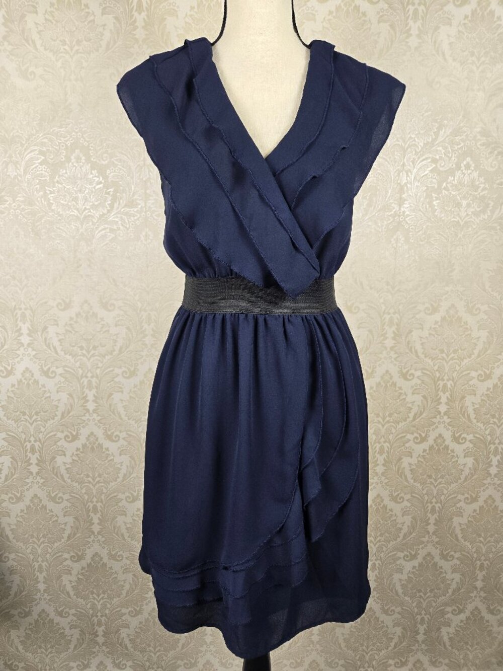 Alya Size Small Navy Blue Ruffled Vneck Dress Black Elastic Waist A-Line Skirt